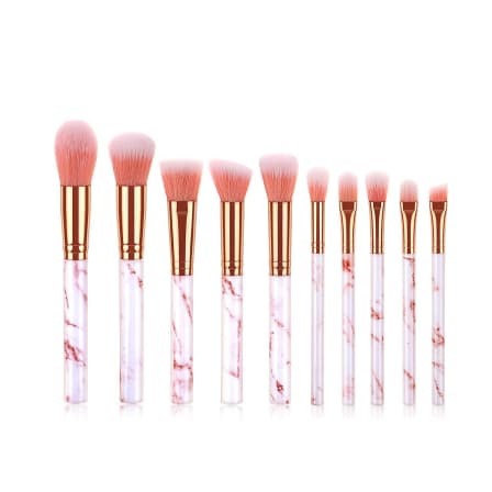 10 Pcs Marble Makeup Brushes Set - Pink_0